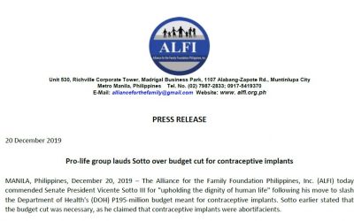 PRESS RELEASE: Pro-life group lauds Sotto over budget cut for contraceptive implants