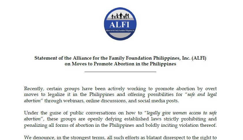 Statement of the Alliance for the Family Foundation Philippines, Inc. (ALFI)  on Moves to Promote Abortion in the Philippines